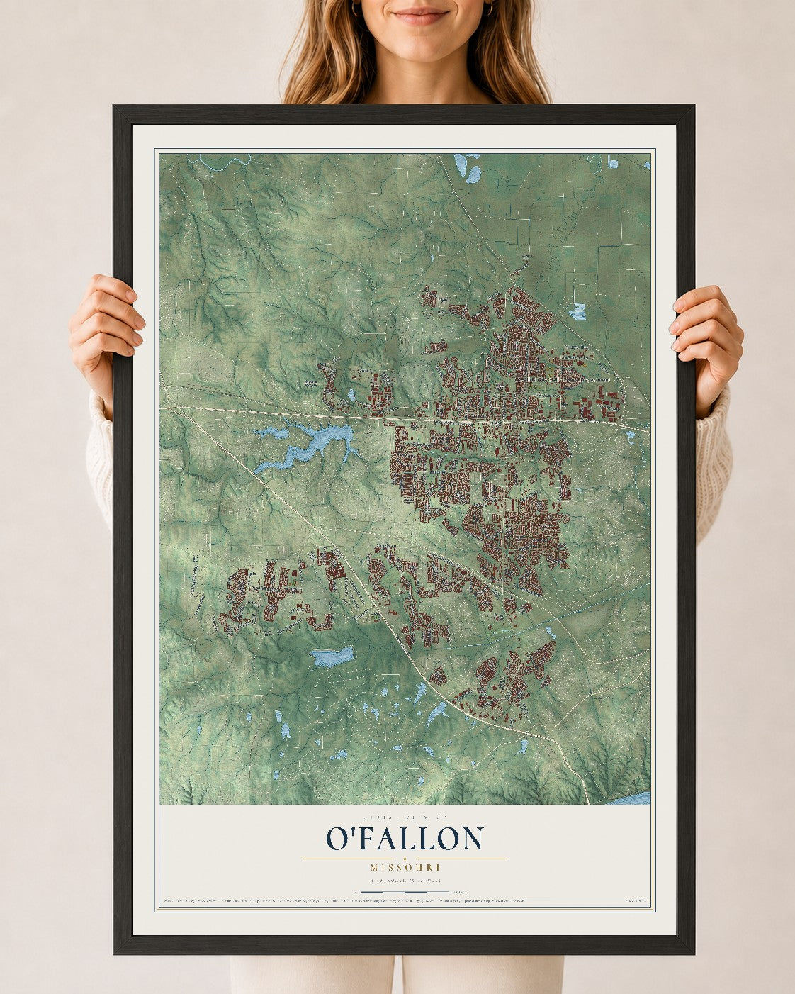 Map of O'Fallon, Missouri, 24 x 36 inch print in a black wood frame
