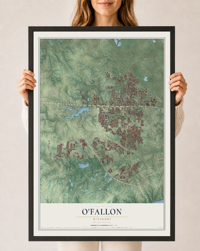 Map of O'Fallon, Missouri, 24 x 36 inch print in a black wood frame
