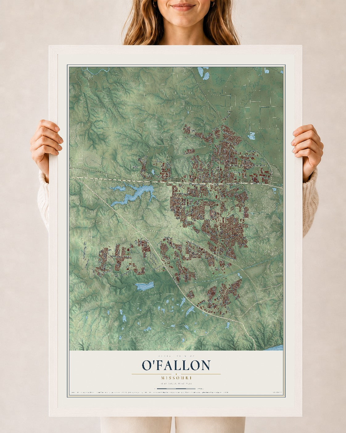 Map of O'Fallon, Missouri, 24 x 36 inch print in a white wood frame