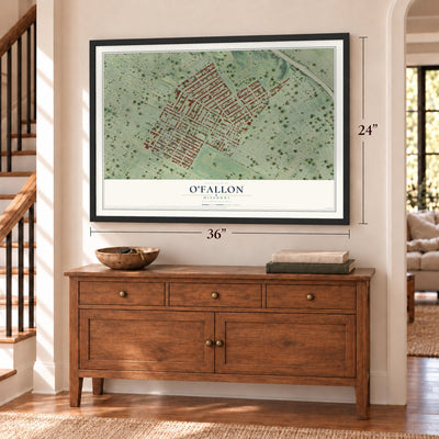 O'Fallon, St. Louis, Missouri map, 24 x 36 inch print in a black frame above a dresser by a staircase
