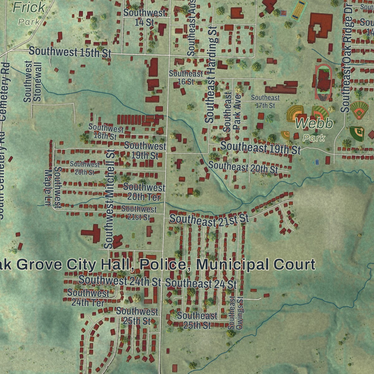 Close-up of the map of Oak Grove, Missouri print showing street and building detail