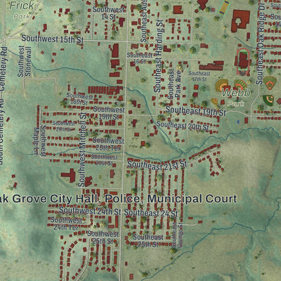 Close-up of the map of Oak Grove, Missouri print showing street and building detail