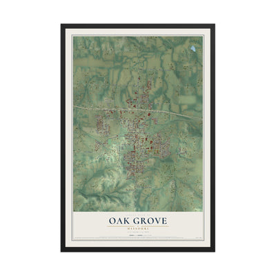 Map of Oak Grove, Missouri, 12 x 18 inch print in a black wood frame