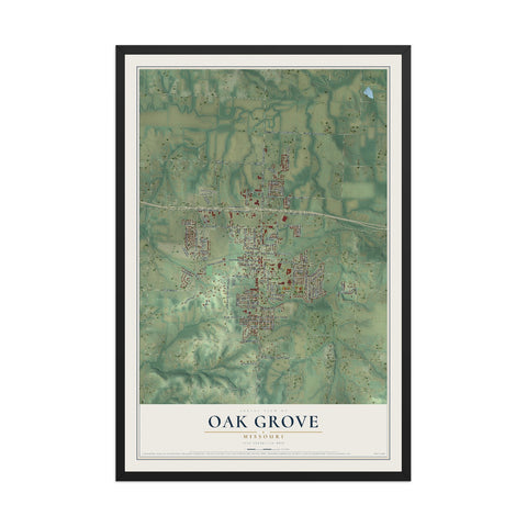 Map of Oak Grove, Missouri, 12 x 18 inch print in a black wood frame