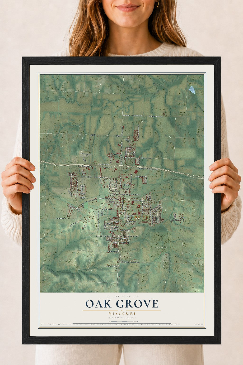 Map of Oak Grove, Missouri, 18 x 24 inch print in a black wood frame