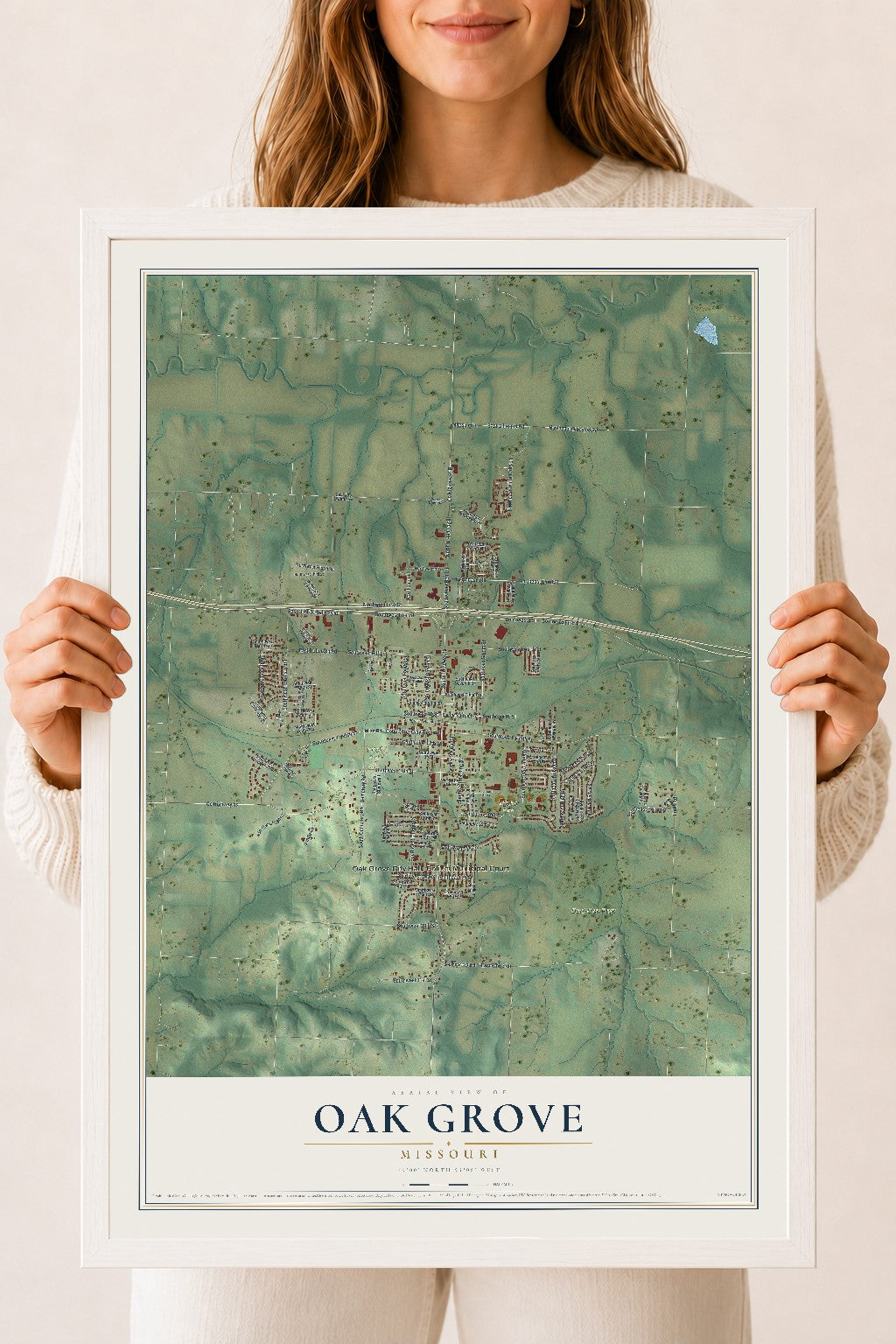 Map of Oak Grove, Missouri, 18 x 24 inch print in a white wood frame