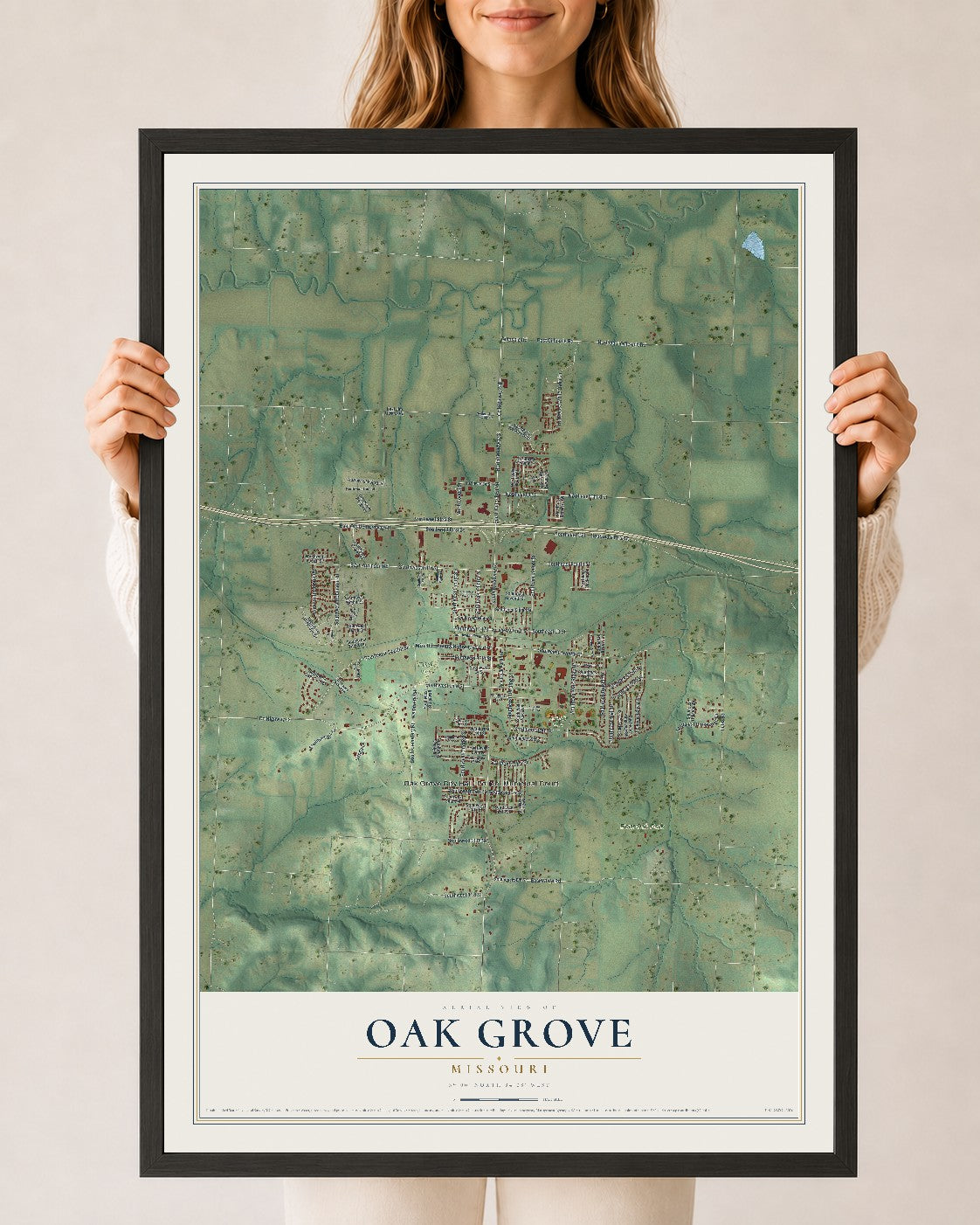 Map of Oak Grove, Missouri, 24 x 36 inch print in a black wood frame