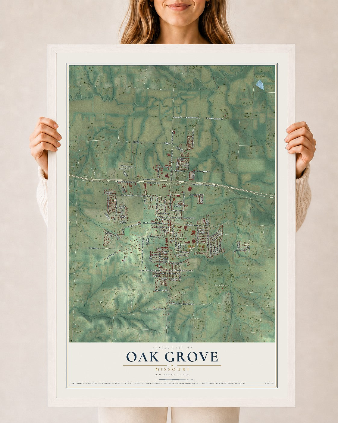 Map of Oak Grove, Missouri, 24 x 36 inch print in a white wood frame