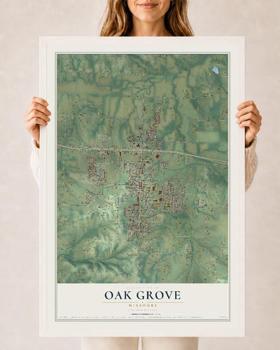 Map of Oak Grove, Missouri, 24 x 36 inch print in a white wood frame
