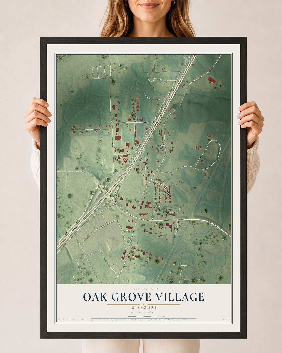 Map of Oak Grove Village, Missouri, 24 x 36 inch print in a black wood frame