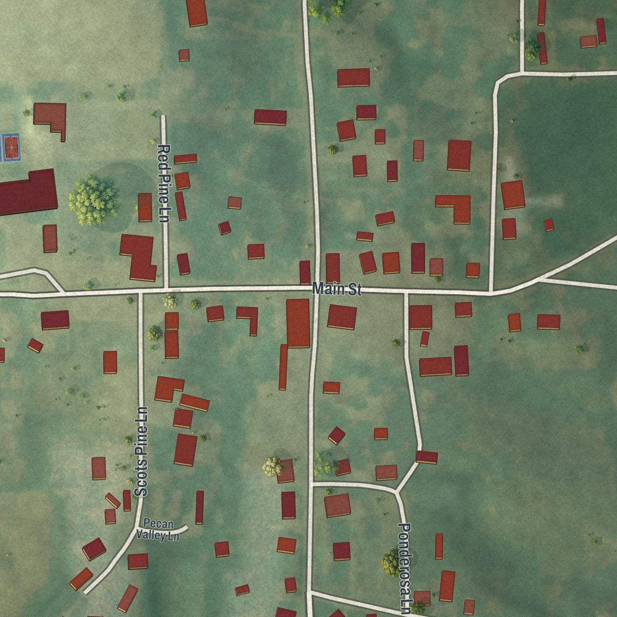 Close-up of the map of Oak Ridge, Missouri print showing street and building detail