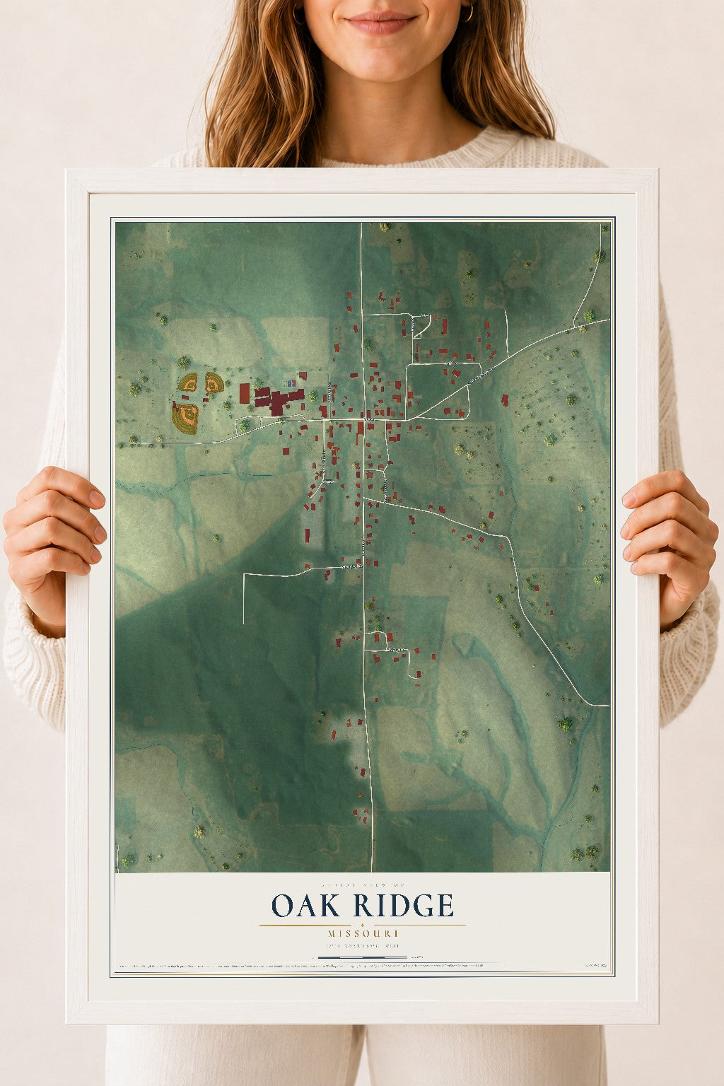 Map of Oak Ridge, Missouri, 18 x 24 inch print in a white wood frame