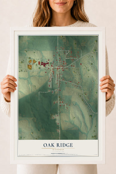 Map of Oak Ridge, Missouri, 18 x 24 inch print in a white wood frame
