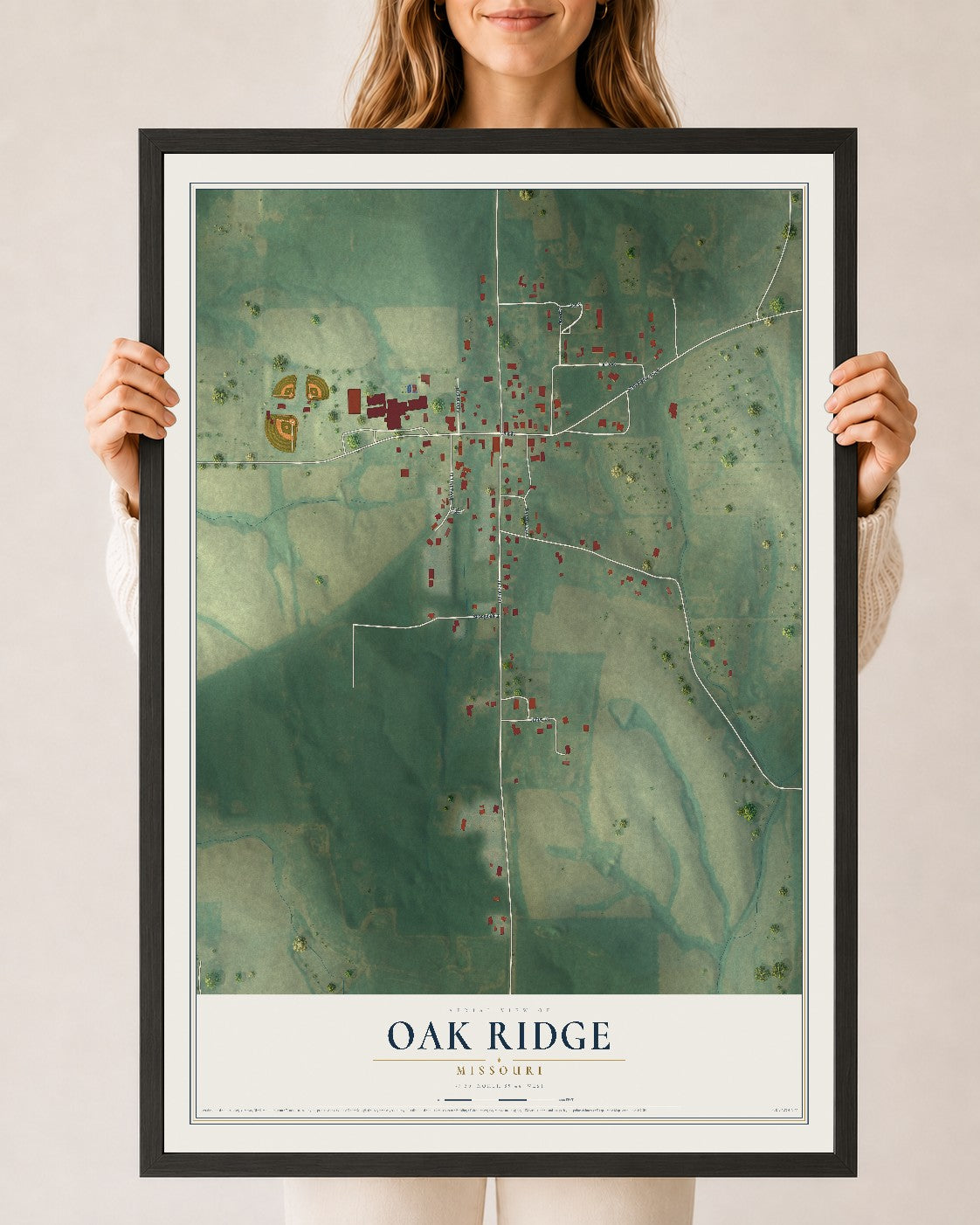 Map of Oak Ridge, Missouri, 24 x 36 inch print in a black wood frame