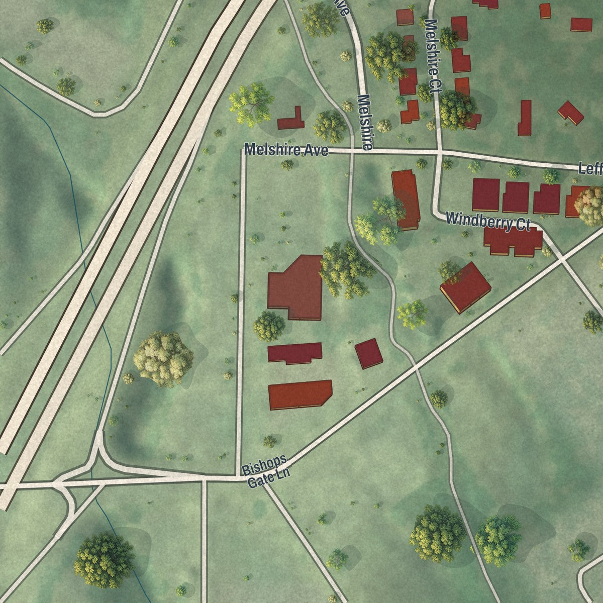 Close-up of the map of Oakland, Missouri print showing street and building detail