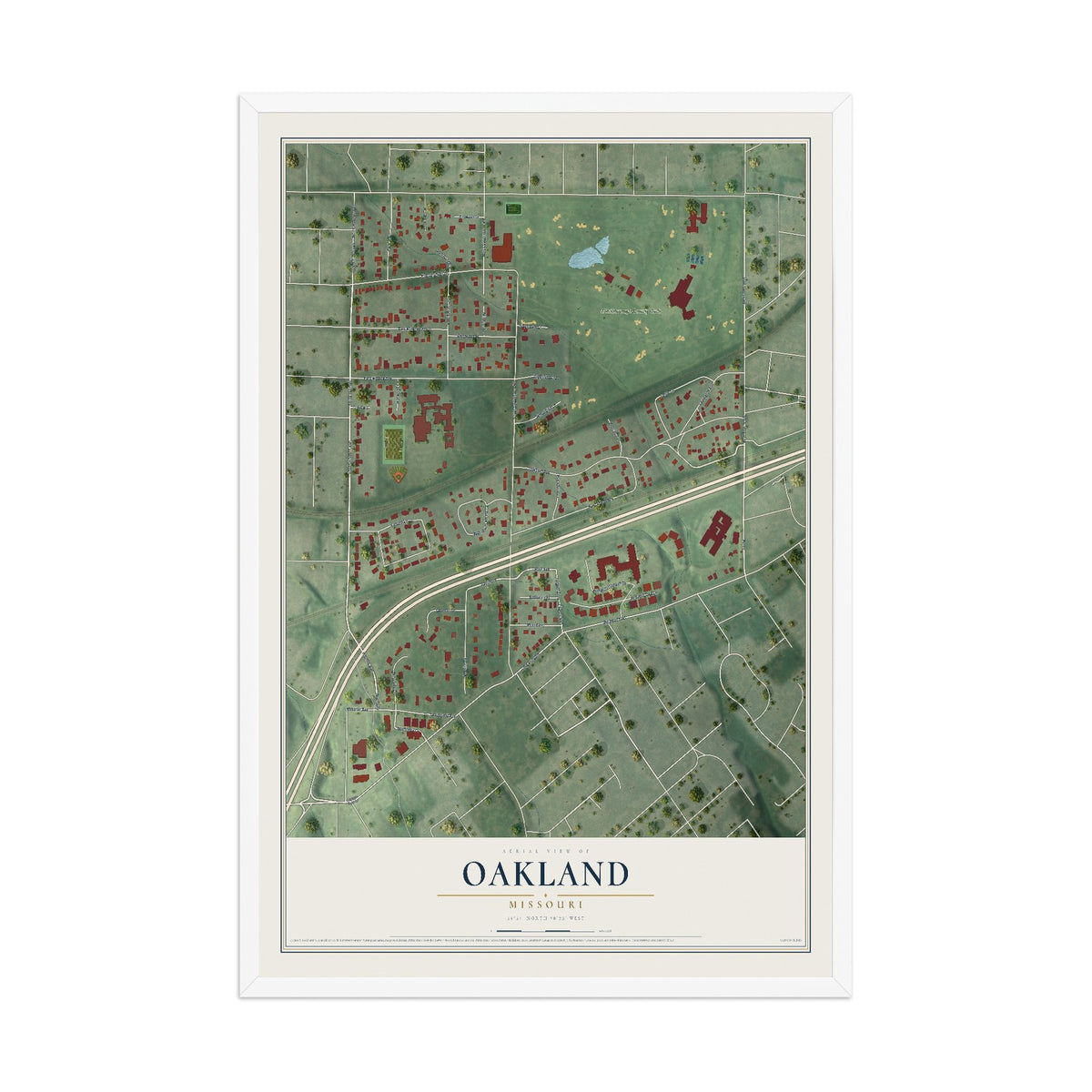 Map of Oakland, Missouri, 12 x 18 inch print in a white wood frame