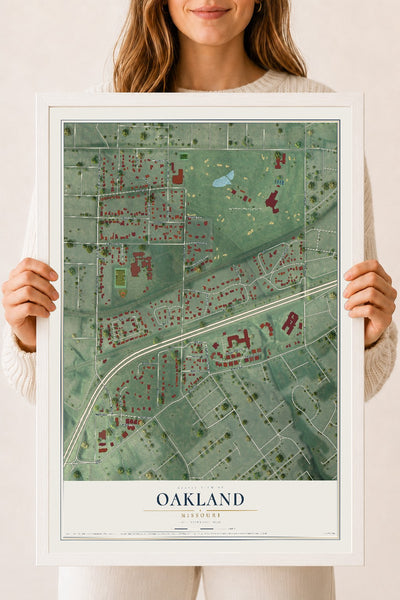 Map of Oakland, Missouri, 18 x 24 inch print in a white wood frame