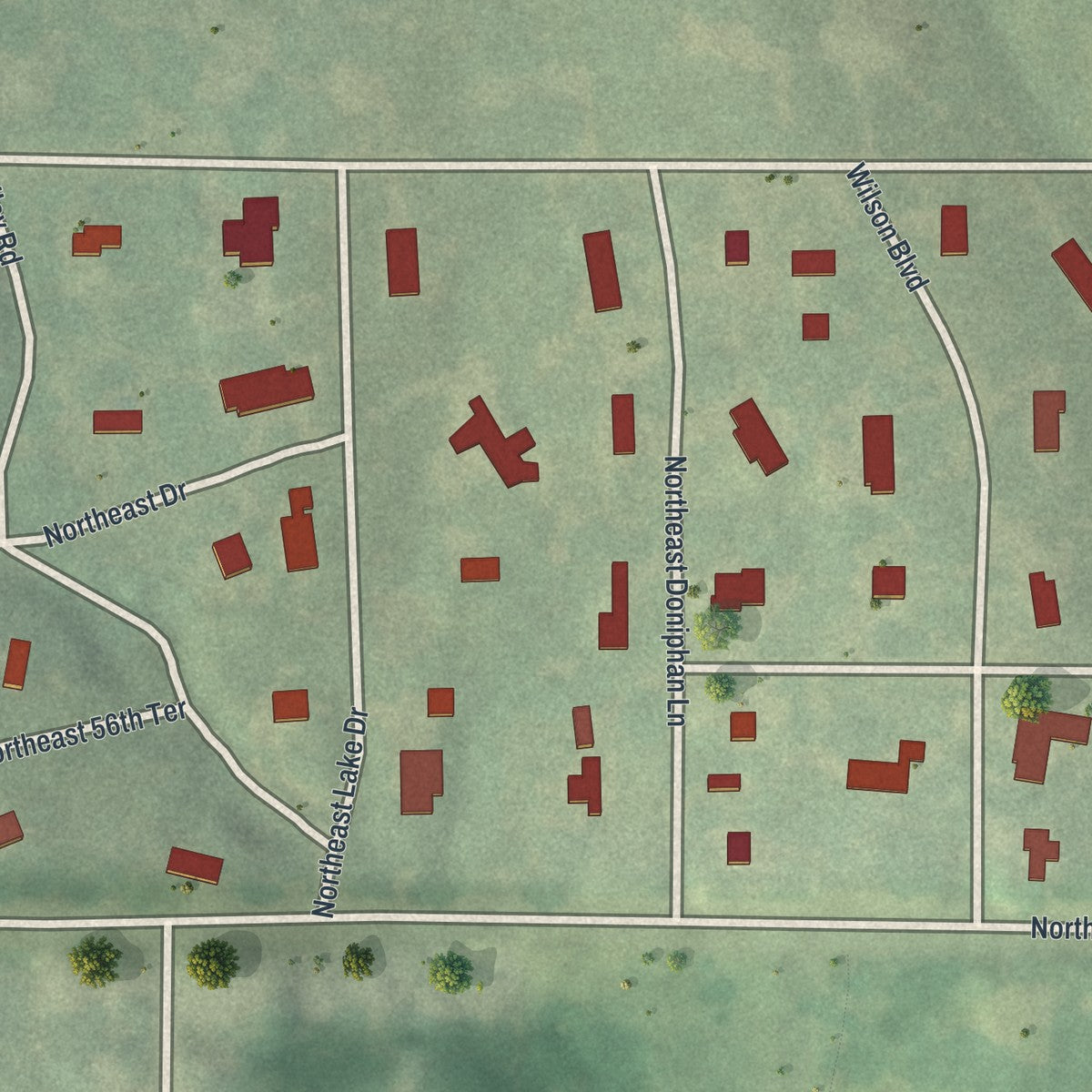 Close-up of the map of Oaks, Missouri print showing street and building detail