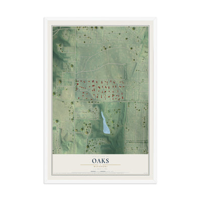 Map of Oaks, Missouri, 12 x 18 inch print in a white wood frame