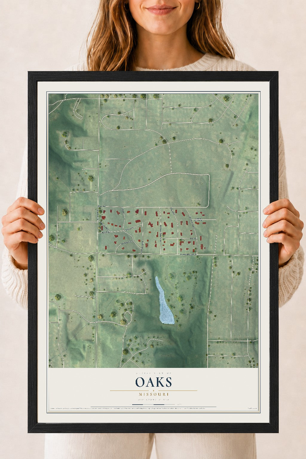 Map of Oaks, Missouri, 18 x 24 inch print in a black wood frame