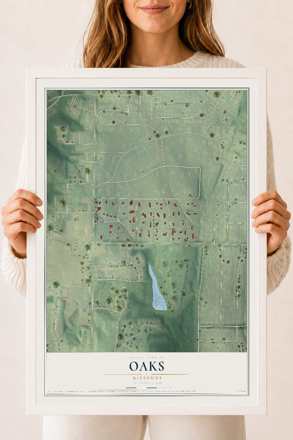 Map of Oaks, Missouri, 18 x 24 inch print in a white wood frame