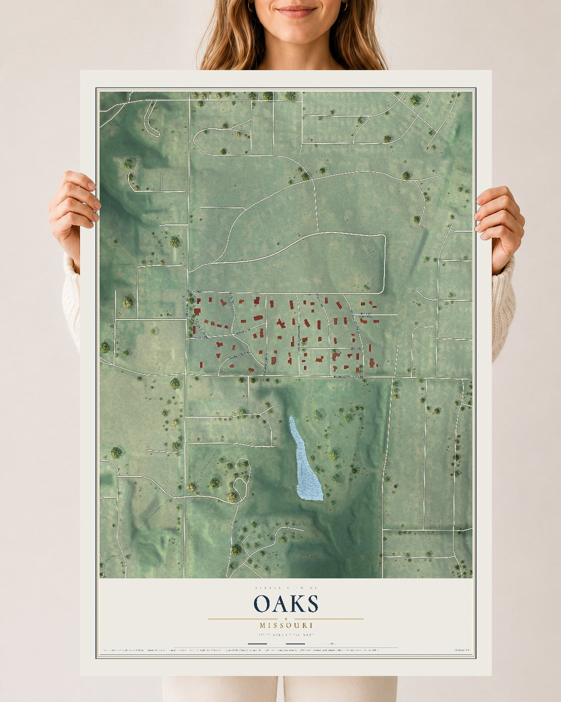 Map of Oaks, Missouri, 24 x 36 inch unframed archival matte print