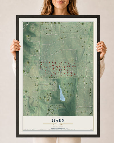Map of Oaks, Missouri, 24 x 36 inch print in a black wood frame