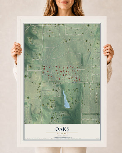 Map of Oaks, Missouri, 24 x 36 inch print in a white wood frame