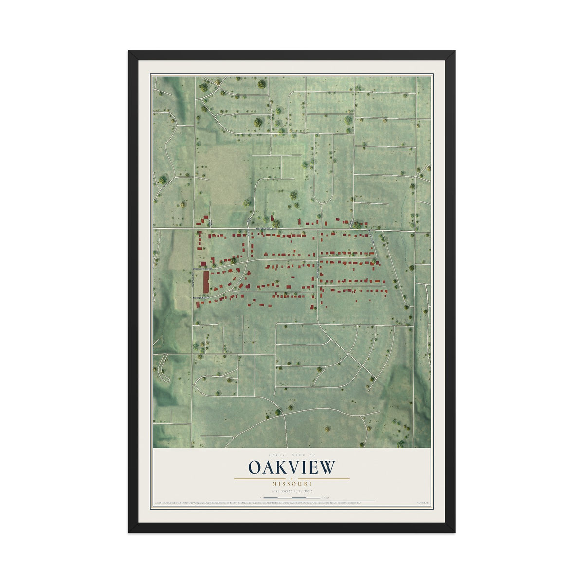 Map of Oakview, Missouri, 12 x 18 inch print in a black wood frame