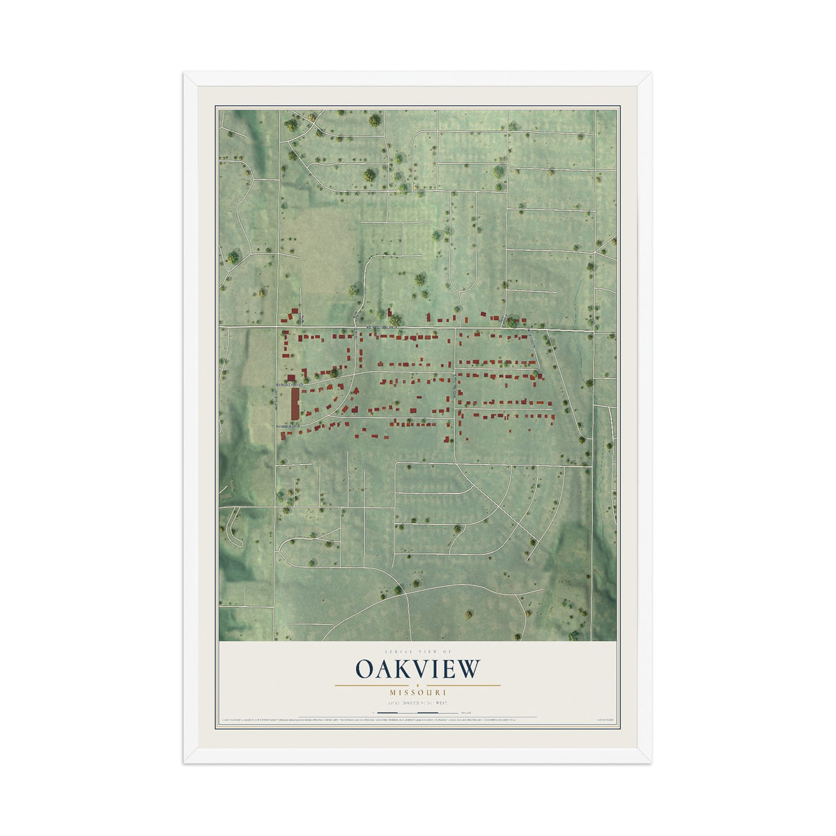 Map of Oakview, Missouri, 12 x 18 inch print in a white wood frame