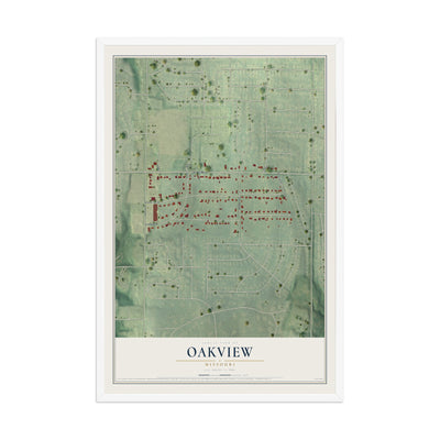 Map of Oakview, Missouri, 12 x 18 inch print in a white wood frame