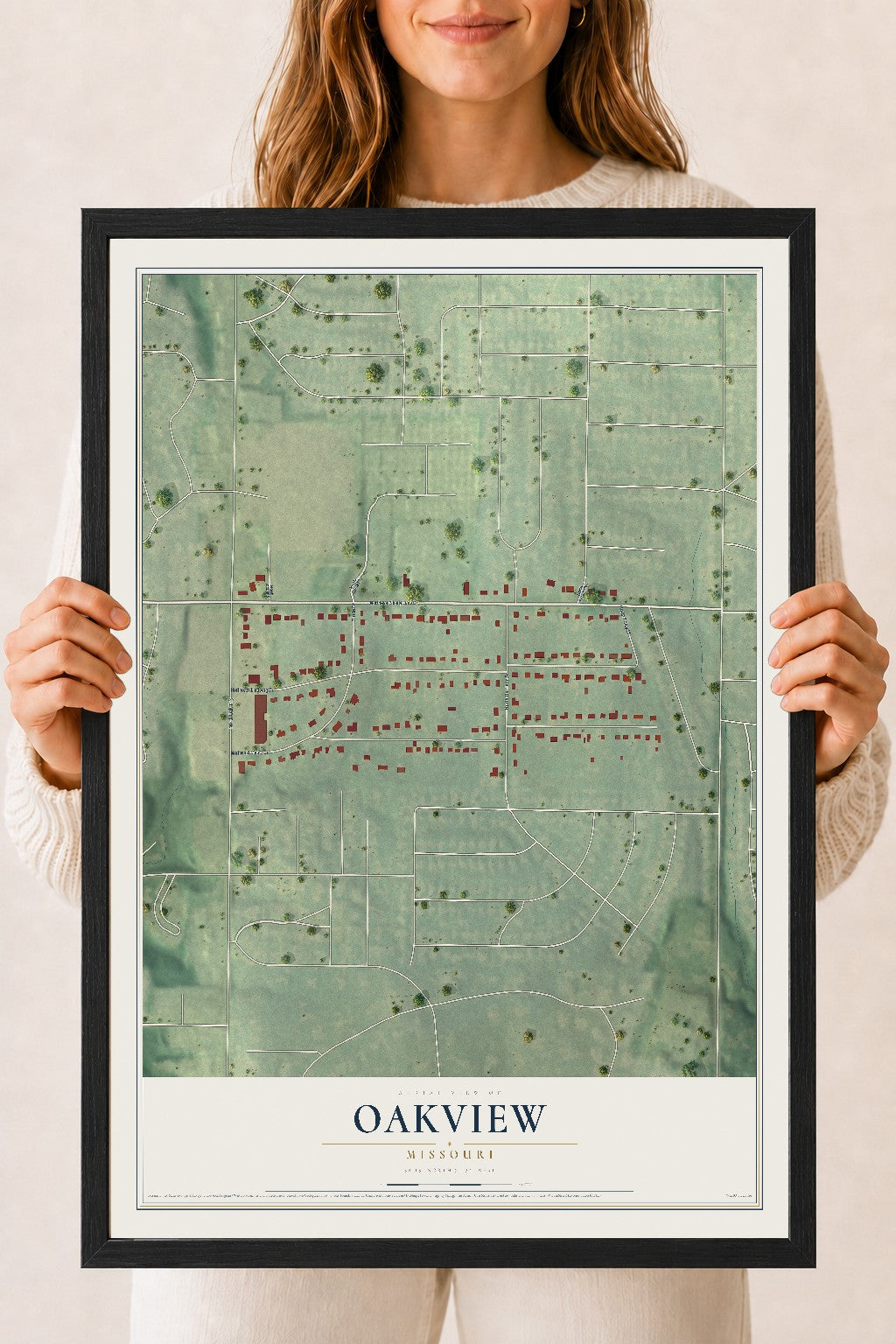 Map of Oakview, Missouri, 18 x 24 inch print in a black wood frame