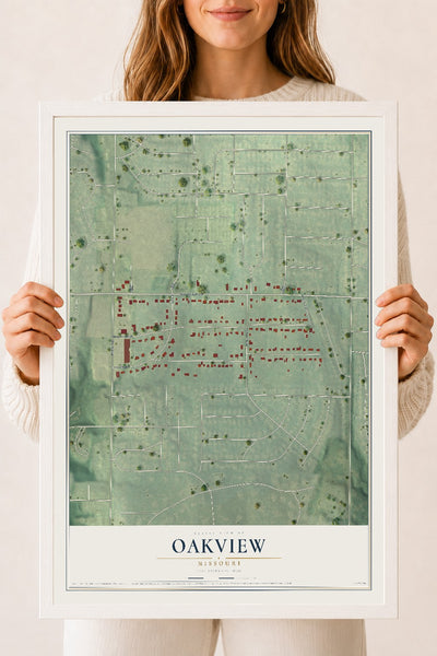 Map of Oakview, Missouri, 18 x 24 inch print in a white wood frame