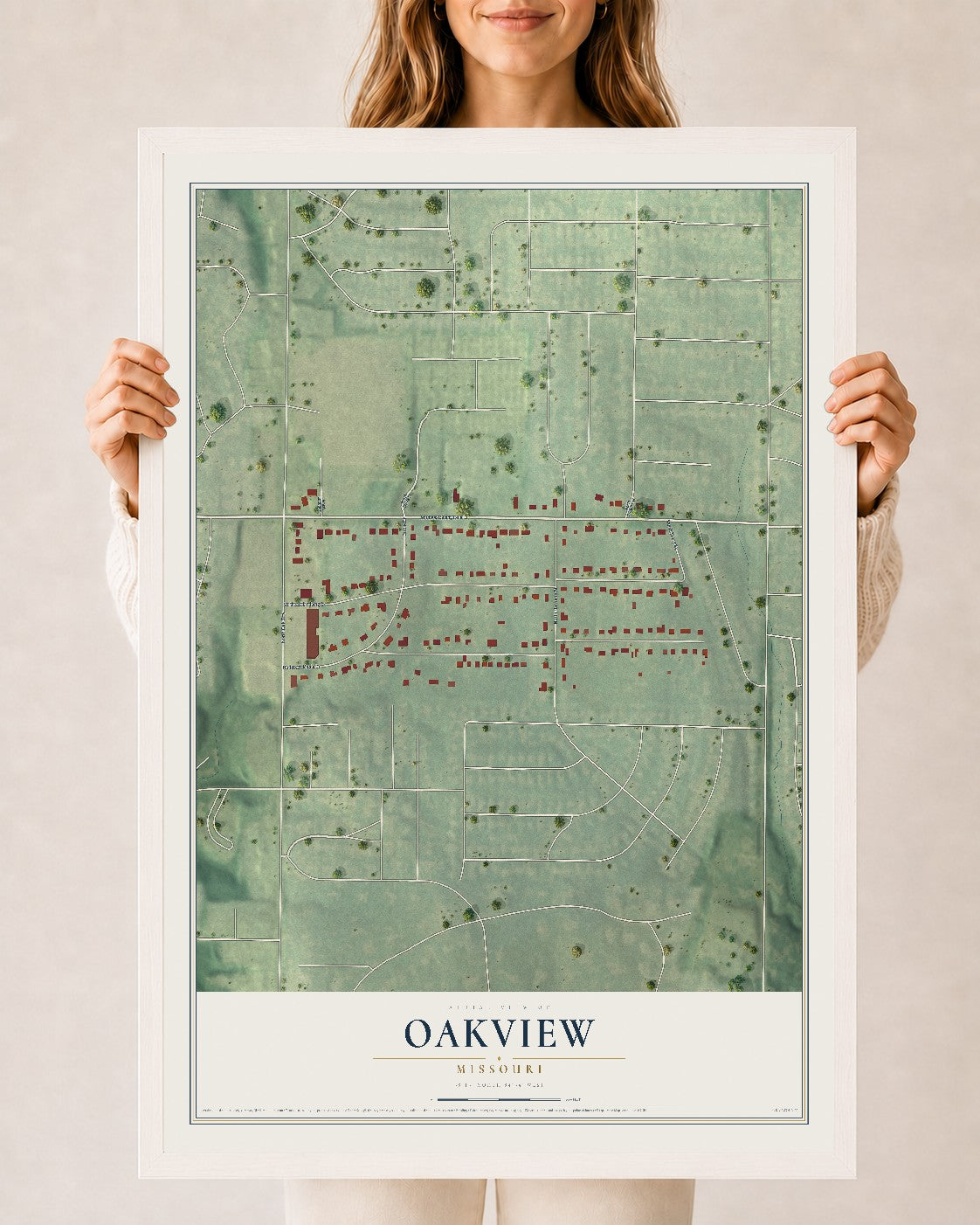Map of Oakview, Missouri, 24 x 36 inch print in a white wood frame