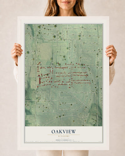 Map of Oakview, Missouri, 24 x 36 inch print in a white wood frame