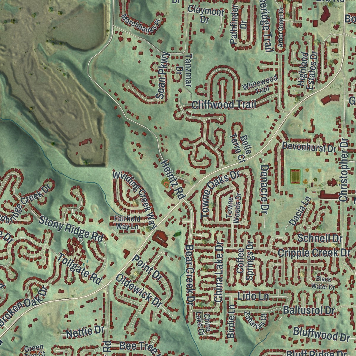 Close-up of the map of Oakville, Missouri print showing street and building detail