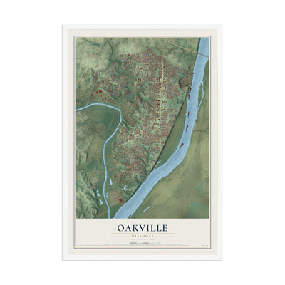 Map of Oakville, Missouri, 12 x 18 inch print in a white wood frame