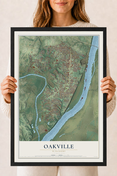 Map of Oakville, Missouri, 18 x 24 inch print in a black wood frame