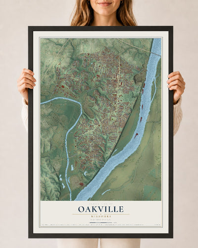 Map of Oakville, Missouri, 24 x 36 inch print in a black wood frame