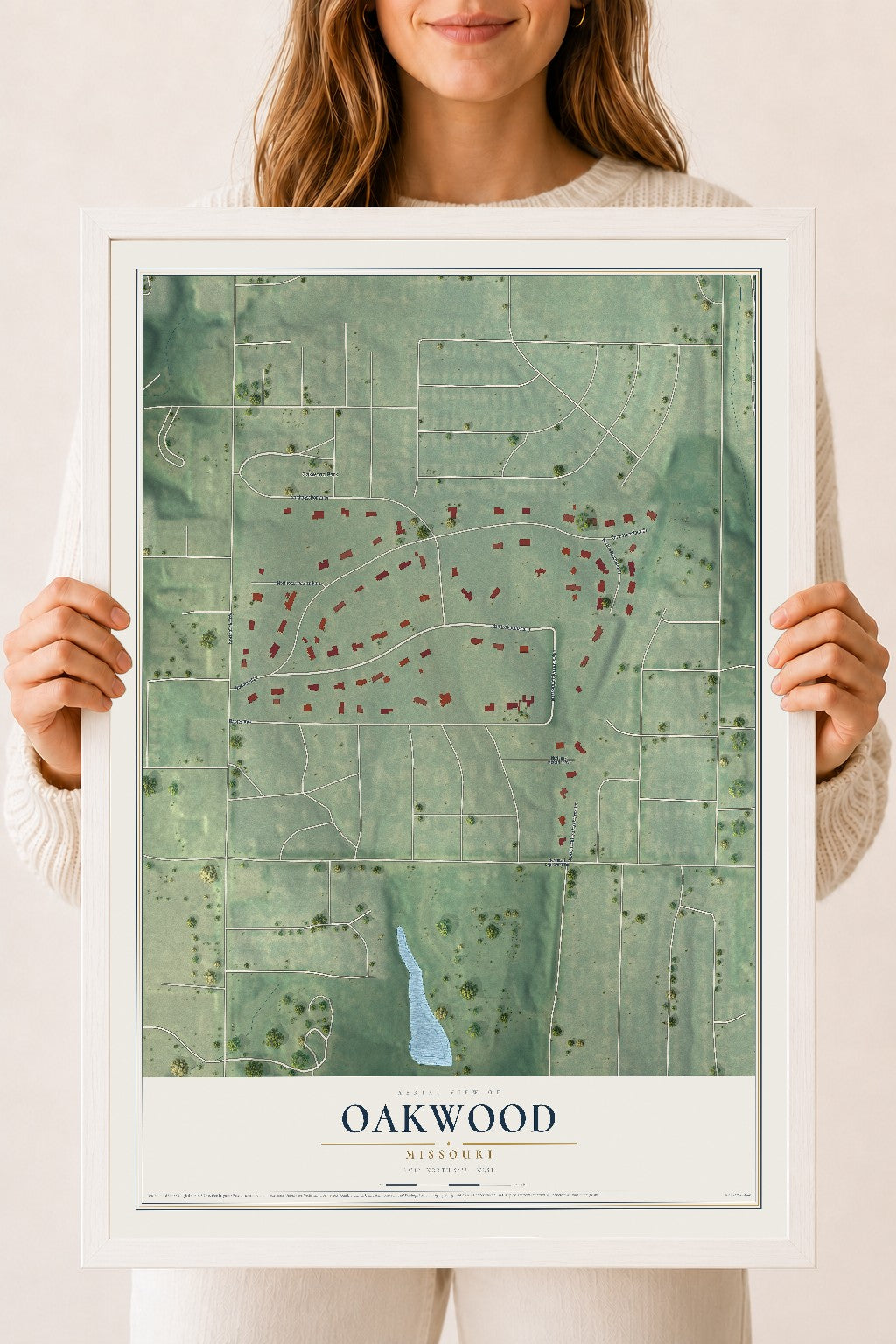 Map of Oakwood, Missouri, 18 x 24 inch print in a white wood frame