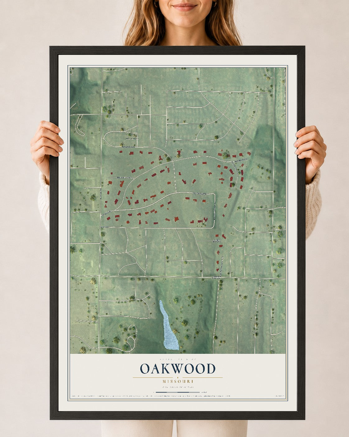 Map of Oakwood, Missouri, 24 x 36 inch print in a black wood frame