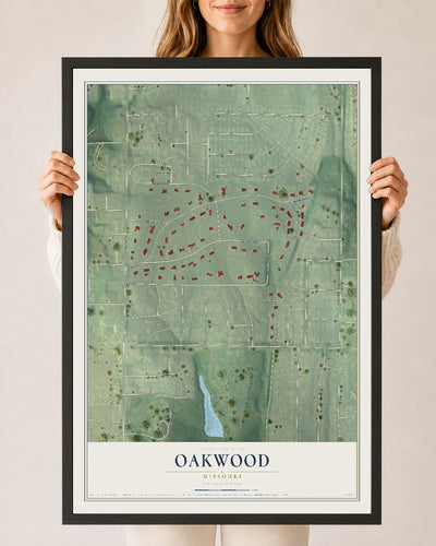 Map of Oakwood, Missouri, 24 x 36 inch print in a black wood frame