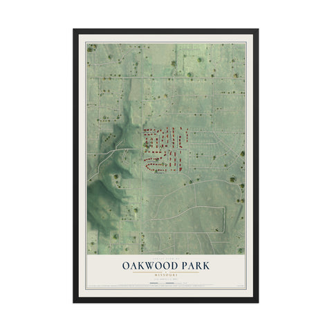 Map of Oakwood Park, Missouri, 12 x 18 inch print in a black wood frame