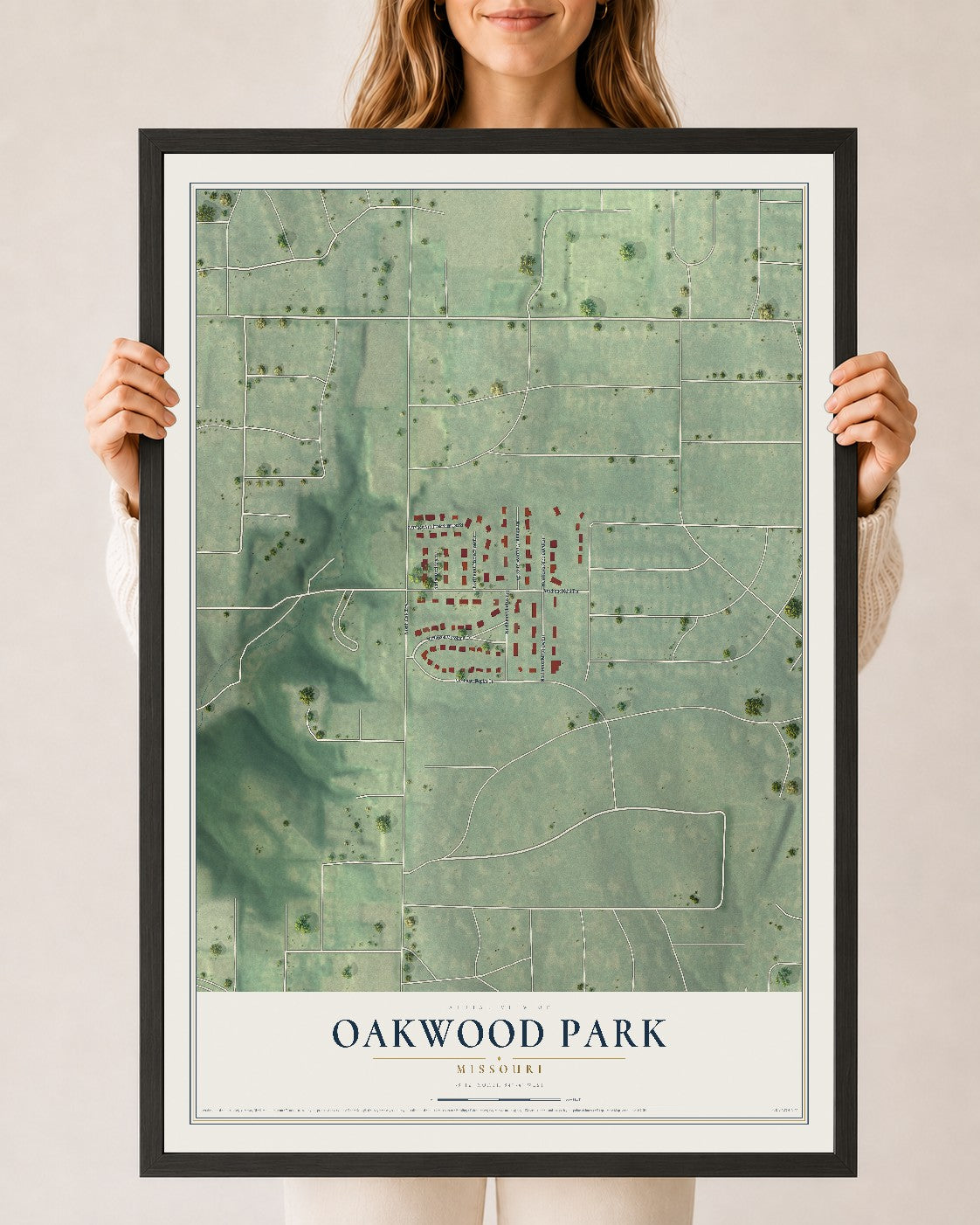 Map of Oakwood Park, Missouri, 24 x 36 inch print in a black wood frame