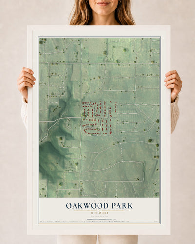 Map of Oakwood Park, Missouri, 24 x 36 inch print in a white wood frame