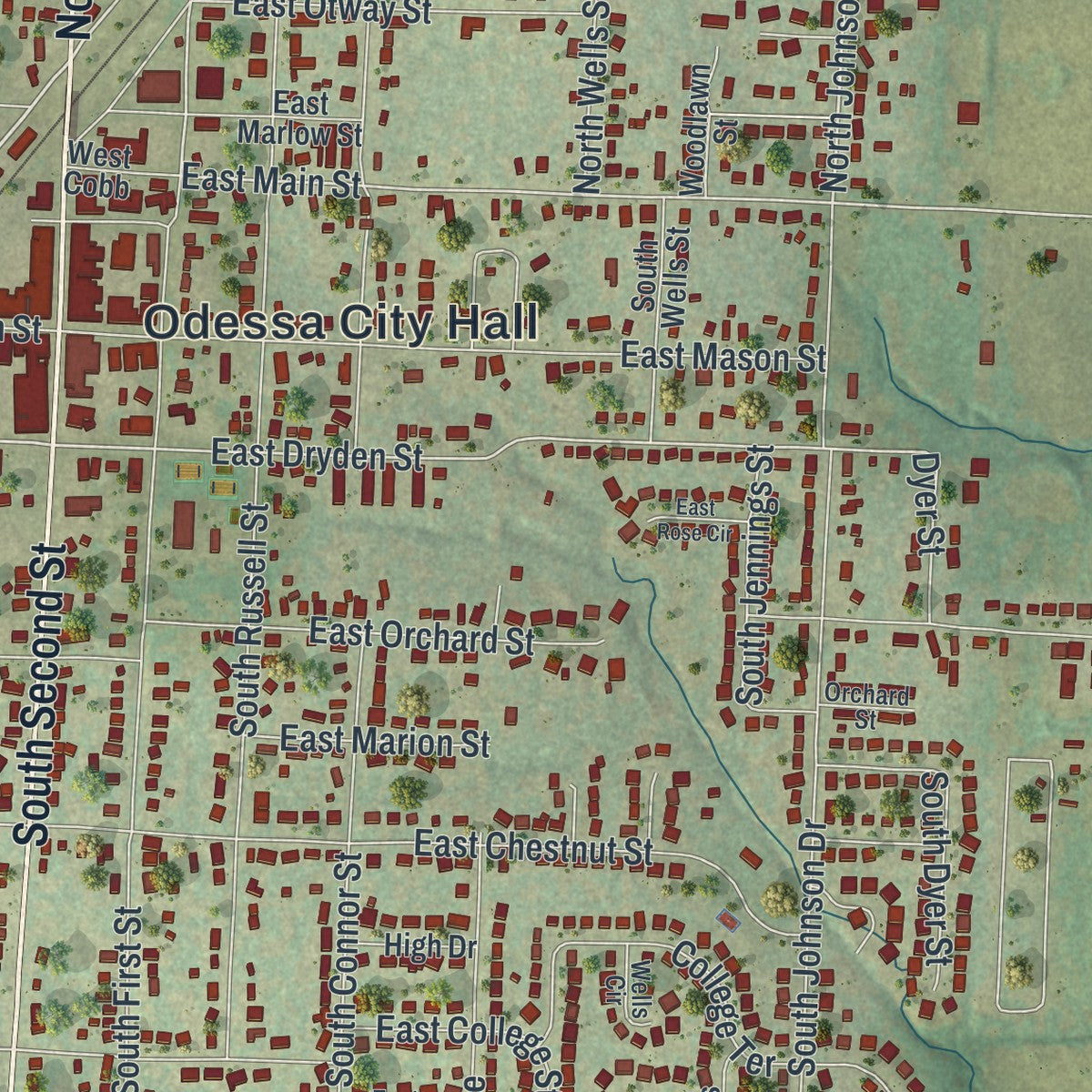 Close-up of the map of Odessa, Missouri print showing street and building detail