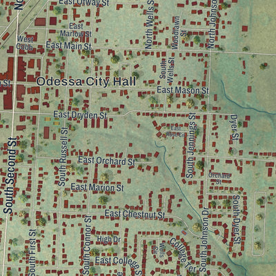 Close-up of the map of Odessa, Missouri print showing street and building detail