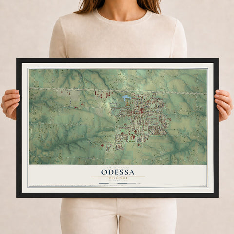 Map of Odessa, Missouri, 12 x 18 inch print in a black wood frame