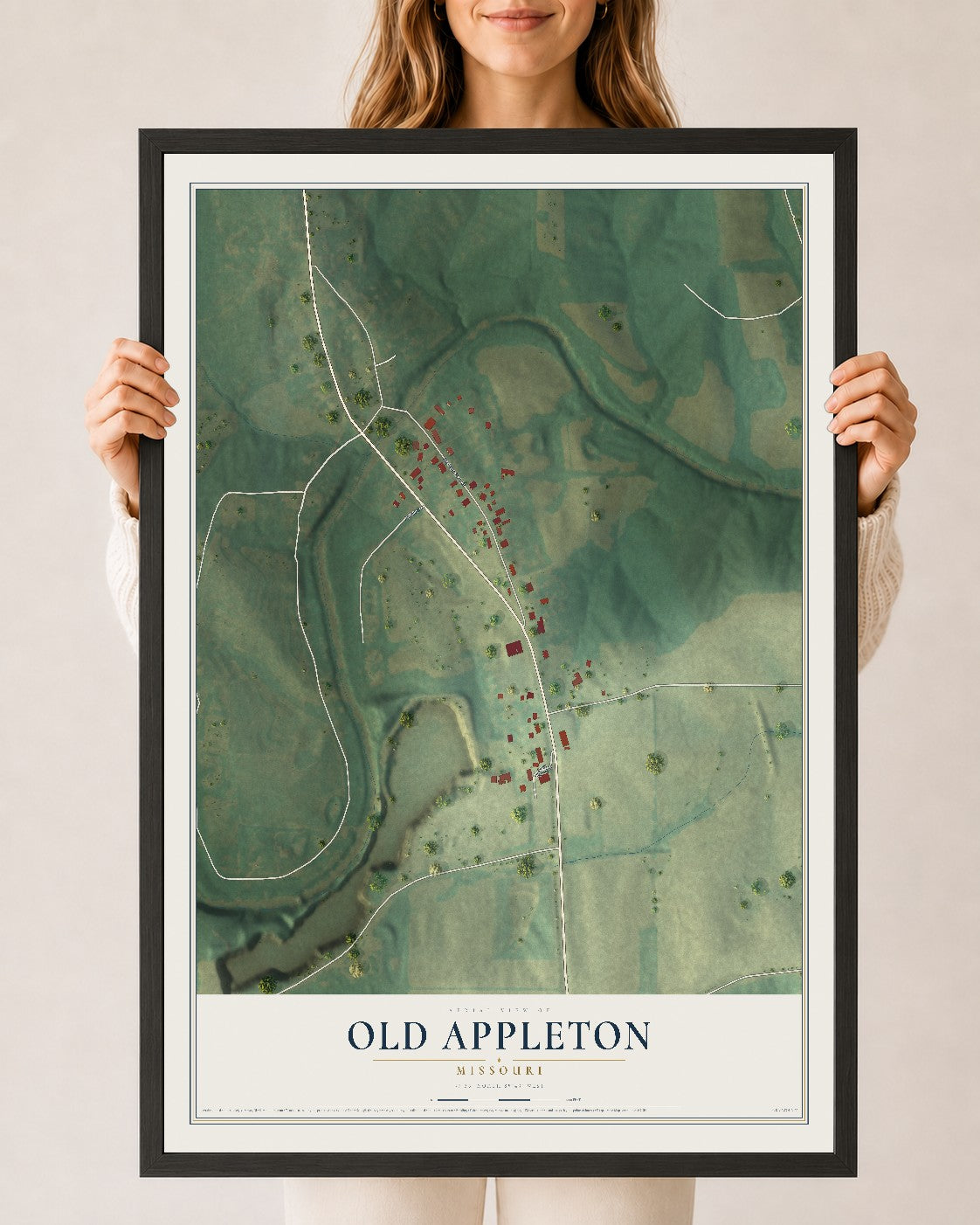 Map of Old Appleton, Missouri, 24 x 36 inch print in a black wood frame