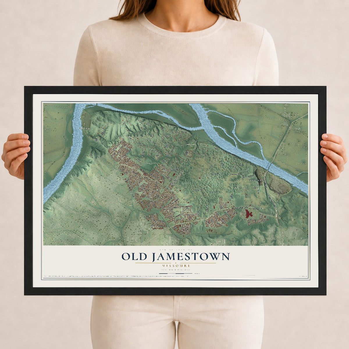Map of Old Jamestown, Missouri, 12 x 18 inch print in a black wood frame